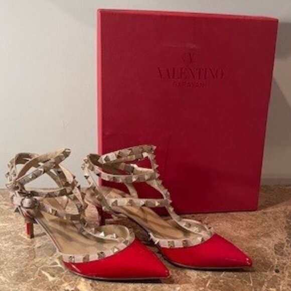 Valentino Garavani Rockstud Caged Kitten Heels 65mm Red Patent Leather – Sz 7.5